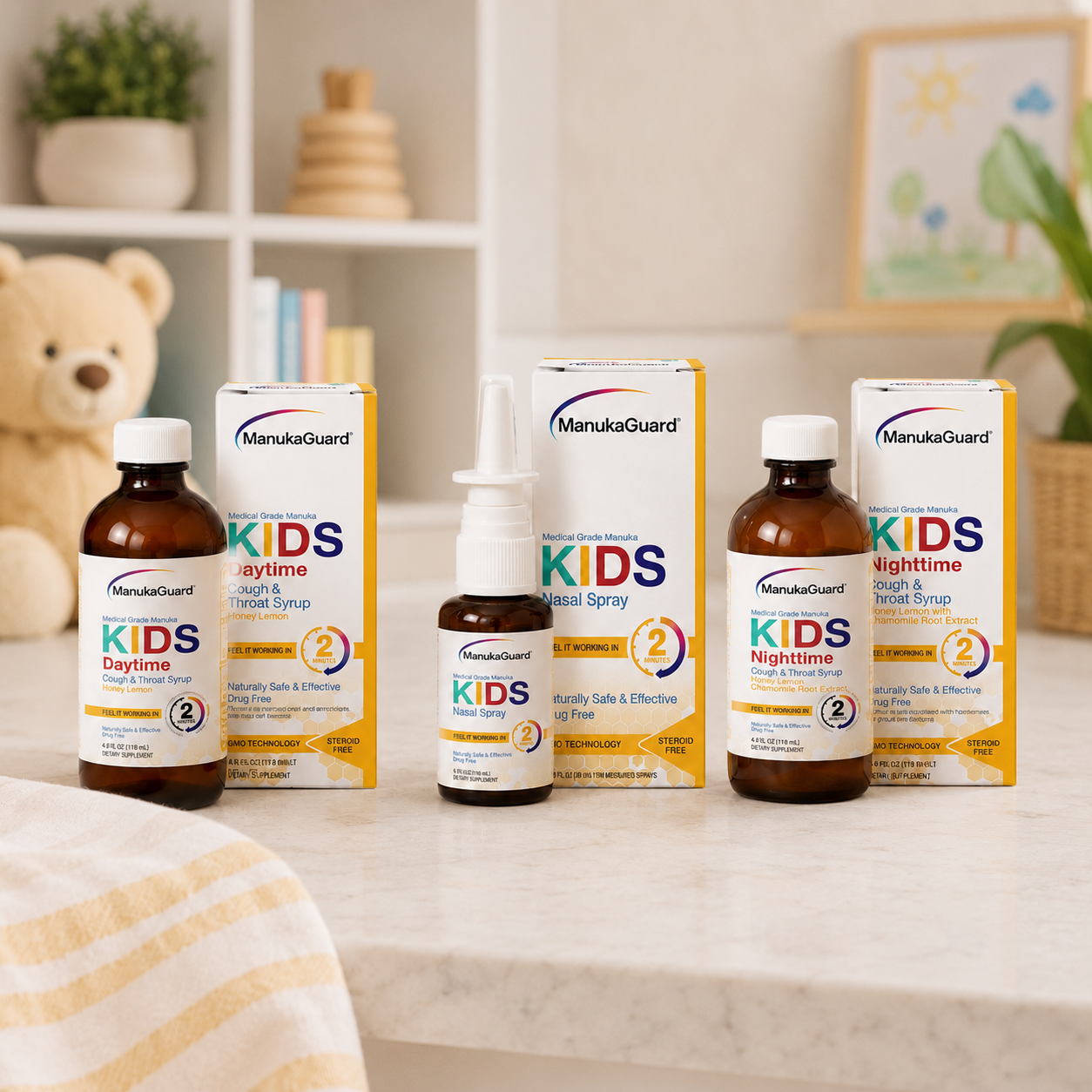 ManukaGuard Kids Complete Wellness Bundle | Nasal Spray + Daytime & Nighttime Cough & Throat Syrups